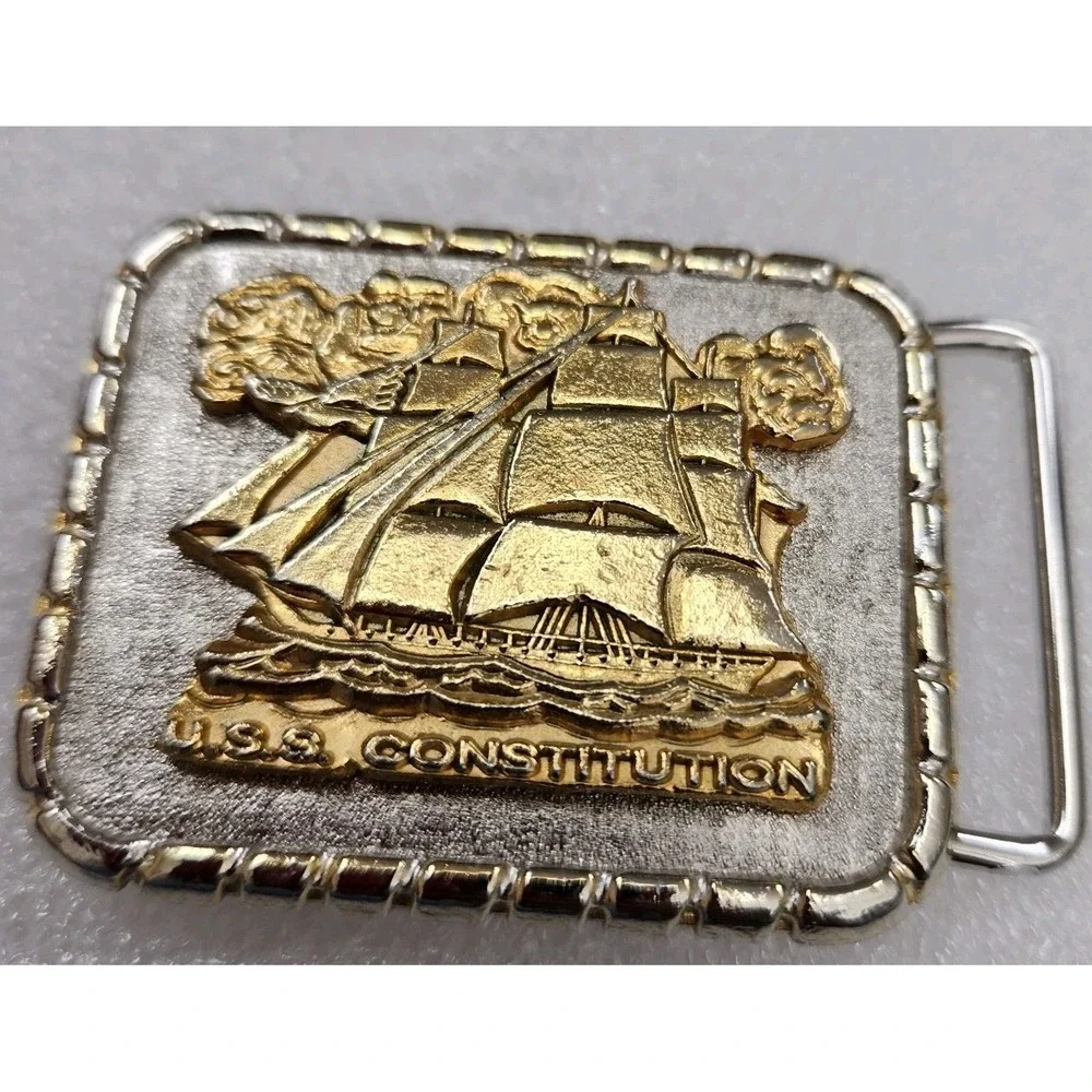 USS Constitution Ship Sailing Vintage Belt Buckle 2.25 X 1.75 With Signs Of Wear